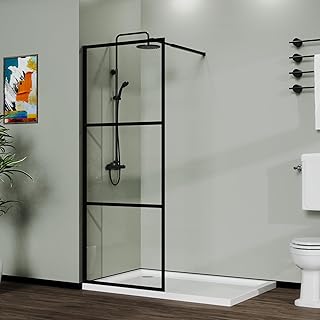 34" x 72" Walk-In Wet-Room Shower Screen Door – 3-Panel Black Aluminum Frame, 0.2" Tempered Glass, Adjustable Wall Support, Doorless Open-Entry Design, Includes All Hardware