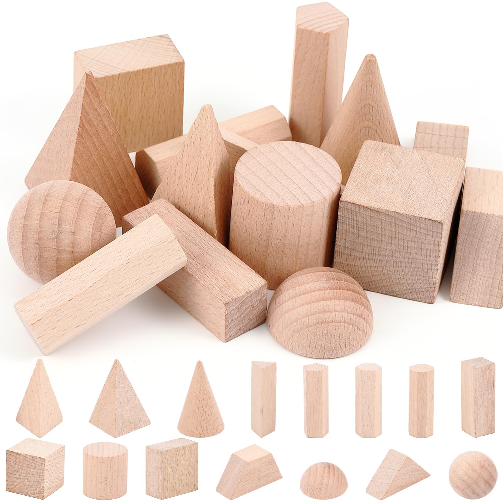Syhood 15 Pcs 3D Shapes Geometric Solids Wooden Shapes Large Size Burlywood Color Geometric Blocks Set Montessori Learning Toy Pattern Blocks Solid for Preschool Elementary Home School Supplies