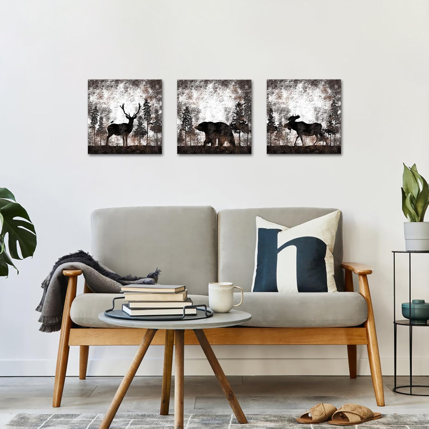 HOMEOART Bear Elk Moose Canvas Wall Art Animal in Forest Rustic Decor Picture Framed Canvas Print Farmhouse Cabin Lodge Home Wall Decor 12"x12"x3 Pieces
