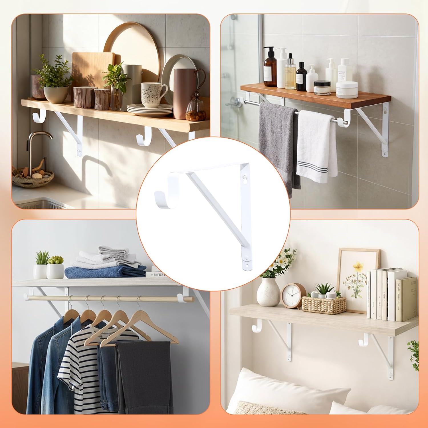 6 Pack Closet Shelf Rod Brackets, Wall Mounted Closet Shelves Support Brace with Hook, White ,with Screws-HOME MASTER HARDWARE