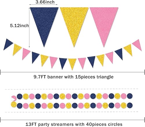 Miniatura 3 de Decoraciones de fiesta doradas, azul marino, rosa, 23 piezas de papel de seda, pompones, guirnalda de borlas, banderines, banderines, banderines,