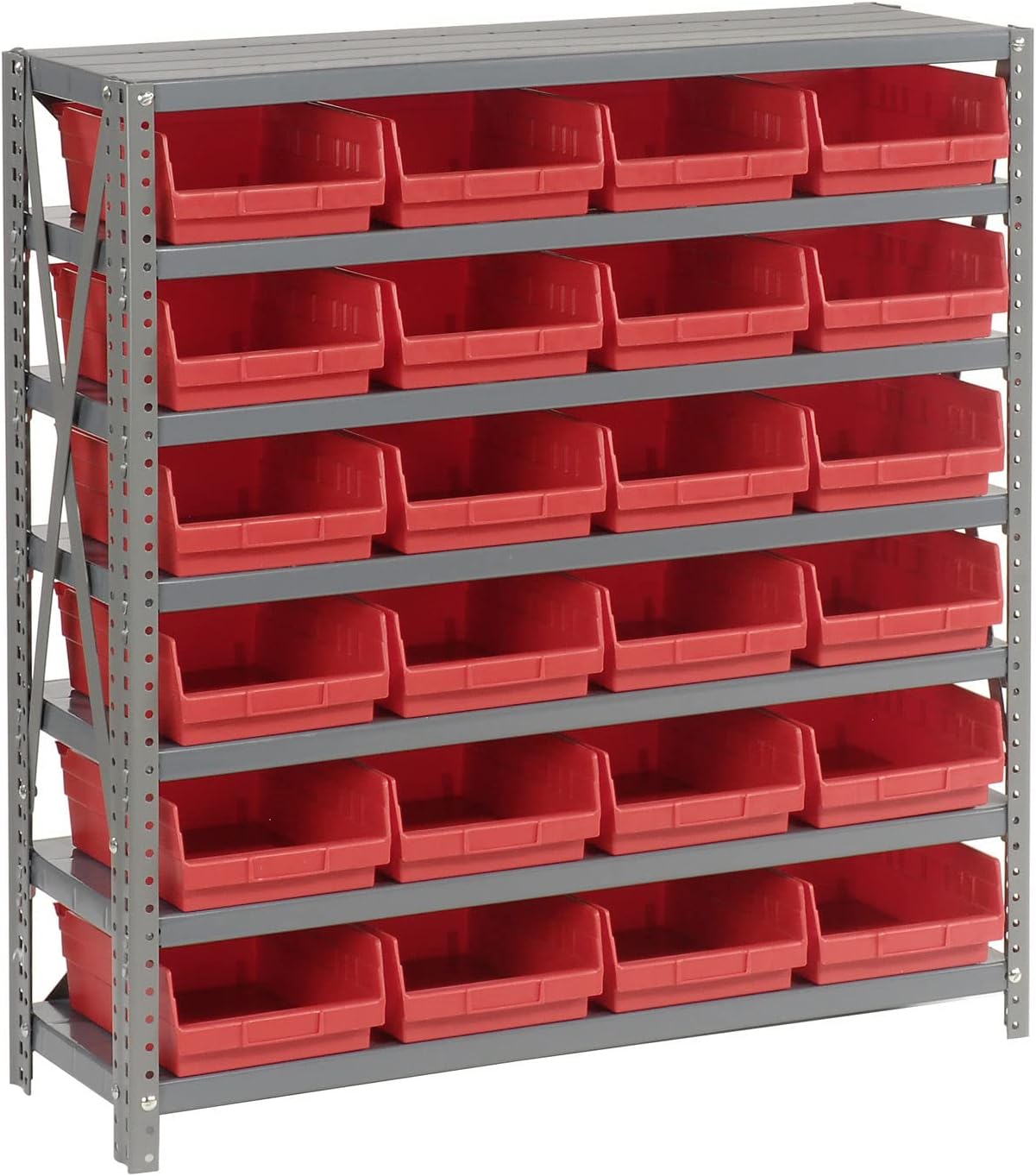 Global Industrial 7 Shelf Steel Shelving with (24) 4 H Plastic Shelf Bins, Red, 36x12x39