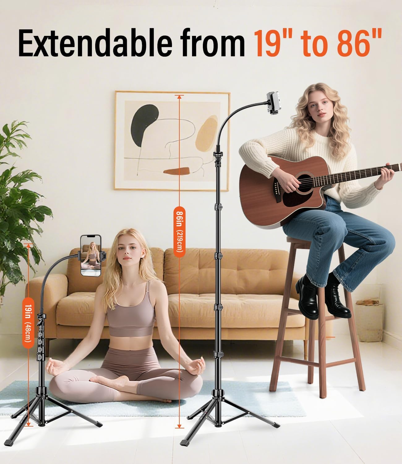 Phone Tripod, 86" Tall Tripod Stand with Gooseneck and Remote, Suitable for Recording Fitness Vlog Watching Cooking, Compatible with Smartphone, Camera