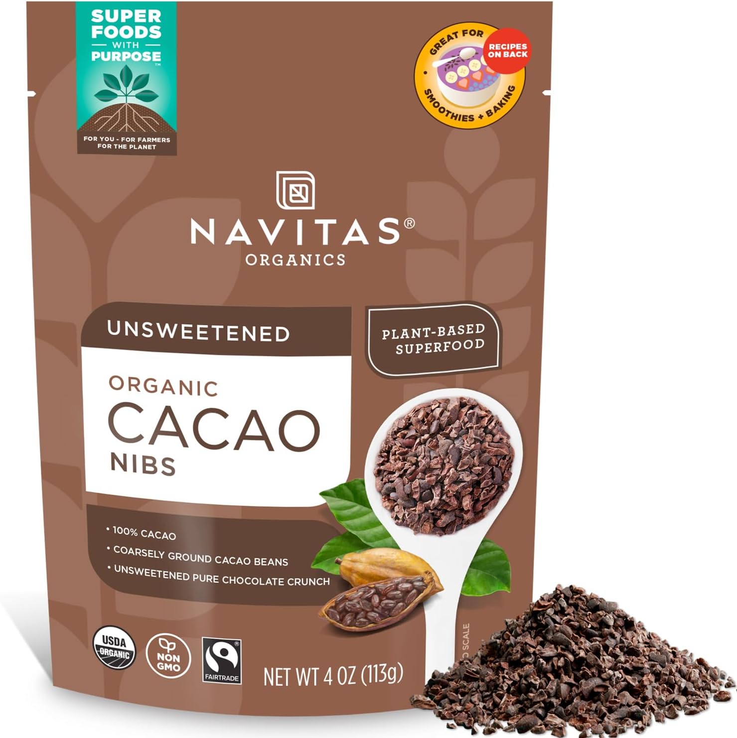 Navitas Organics Raw Cacao Nibs, 4 oz. Bag, 4 Servings — Organic, Non-GMO, Fair Trade, Gluten-Free