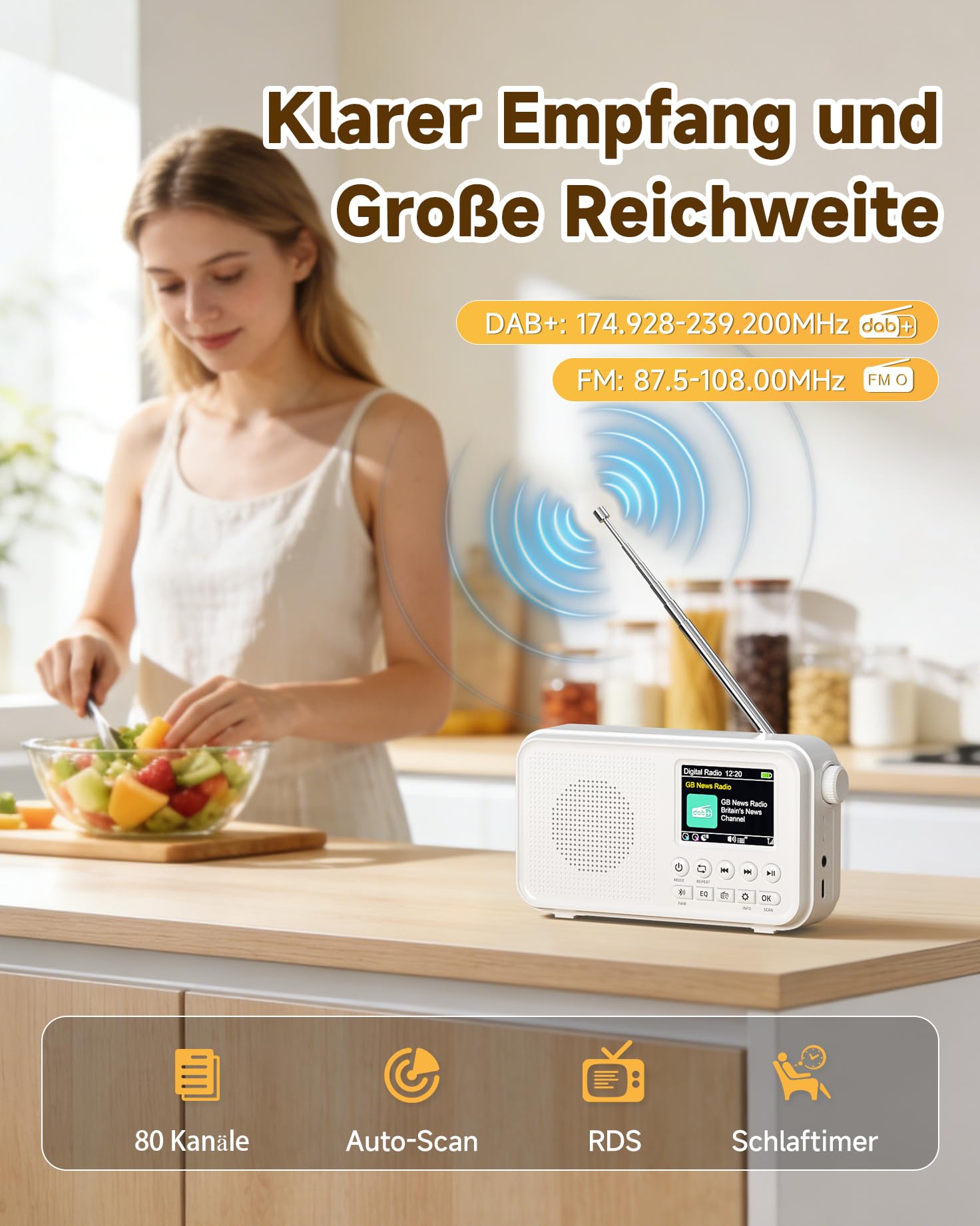 Roxicosly Radio portatile DAB/DAB+, 80 preimpostazioni, radio digitale FM con batteria da 3000 mAh, radio da cucina con Bluetooth 5.0, modalità EQ, timer, snooze, porta AUX TF/3,5 mm, doppio allarme