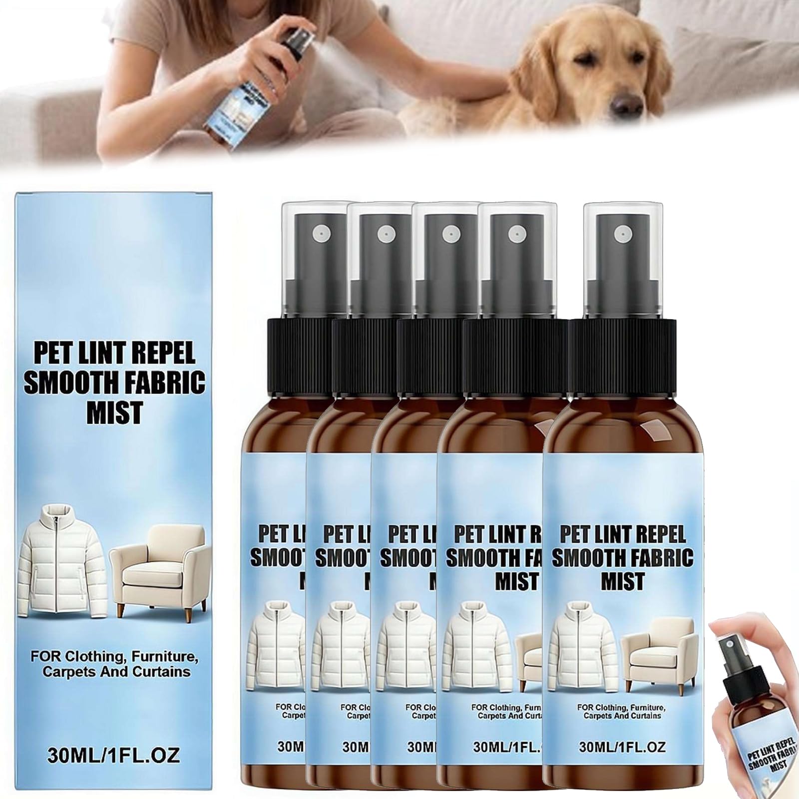 5 Pack - Family Size Pet Hair Remover Spray, 30ml Anti Static Fabric Fur Guard Solution - Mild Pet-Safe Lint Repel Mist & Grooming Detangler for Furniture, Clothes