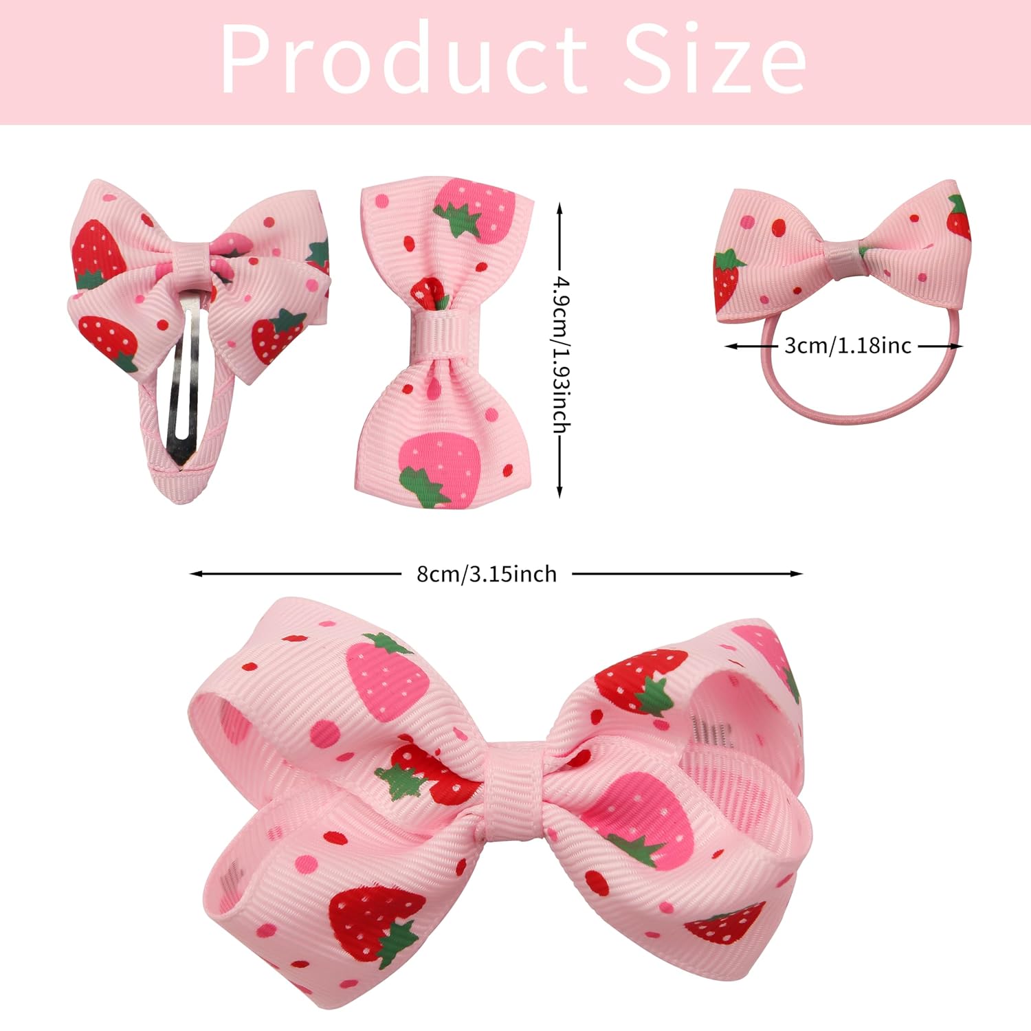 8PCS Strawberry Hair Clips and Ties, Pink Cute Hair Bow Barrettes image 2