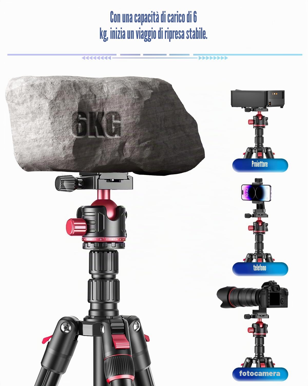 CAMBOFOTO Treppiede professionale per fotocamera, 173 cm, treppiede portatile in alluminio con monopiede da 180 cm/testa a sfera a 360°, clip per iPad e borsa per il trasporto