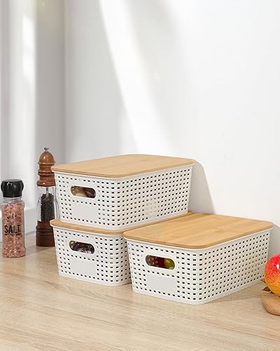 Miniatura 7 de Contenedores de almacenamiento con tapas de bambú, paquete de 6 cestas de almacenamiento de plástico y contenedores de almacenamiento, cestas de