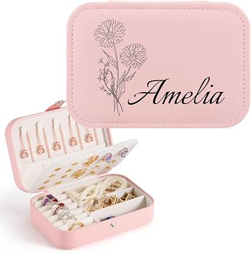 Personalized Jewellery Box for Women, Custom Travel Jewellery Box with Name and Birth Flower, Leather Jewellery Organiser Bridesmaid Proposal Gifts, Personalized Gifts for Women