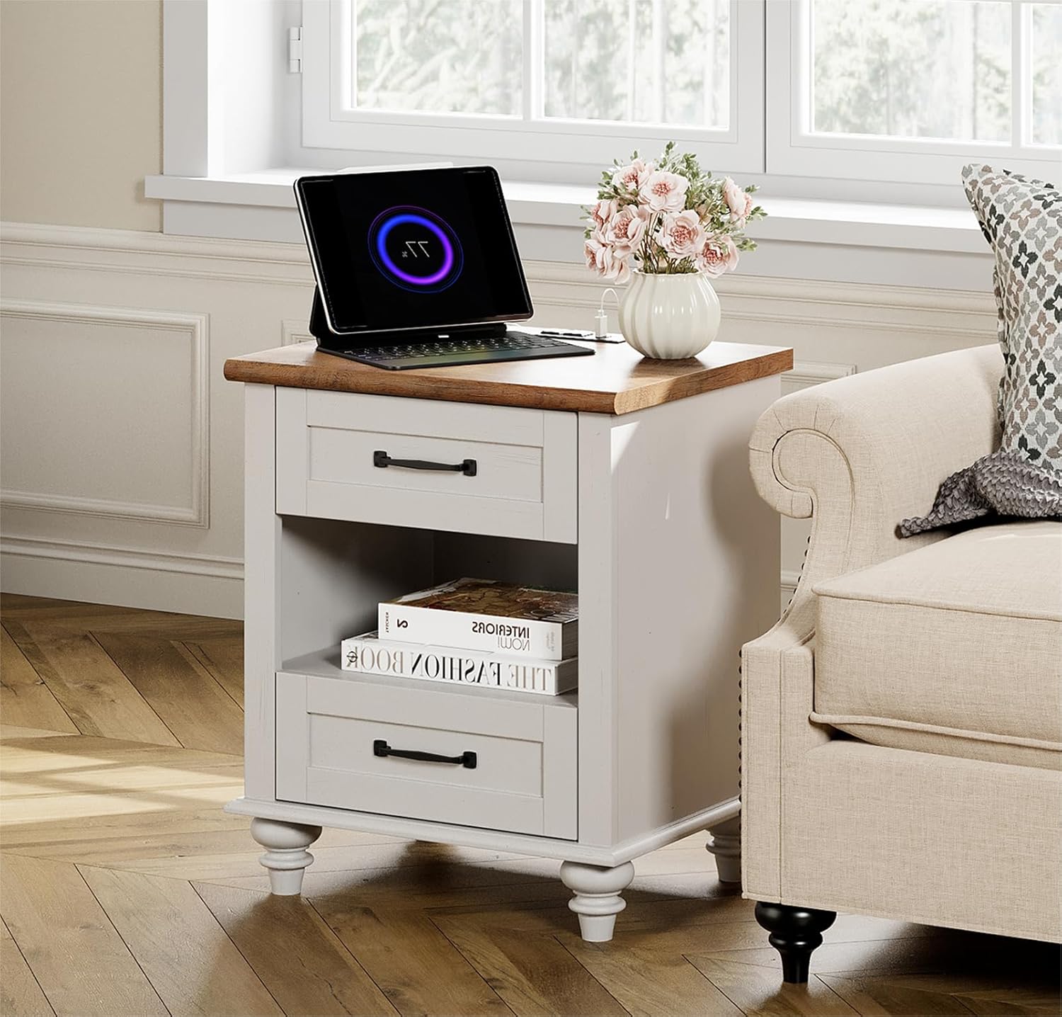 WAMPAT White Sofa Side Table with Charging Station, Mid Century Nightstand with Power Outlets & USB Ports for Bedroom, Modern End Table with 2 Drawers & Open Storage for Living Room, Kids Room, Dorm