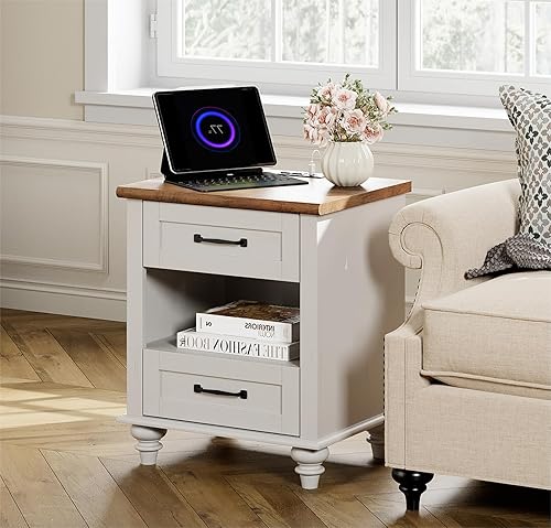 Miniatura 10 de WAMPAT Juego de 2 mesitas de noche con estación de carga, mesas auxiliares de granja con 2 cajones, mesa auxiliar de sofá de madera con estante