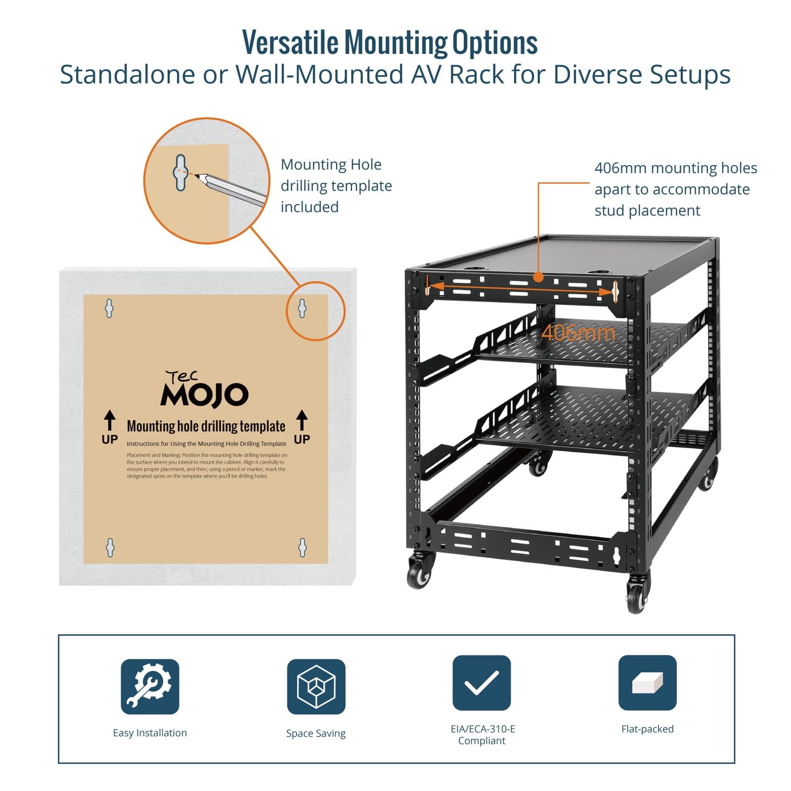 Tecmojo Rack di Rete a Telaio Aperto da 19 Pollici 12U Montaggio a Pavimento o a Parete, Armadio di Rete a 4 Montanti con Rotelle, Dotato di 2 Ripiani da 1U e Materiale di Montaggio, Nero