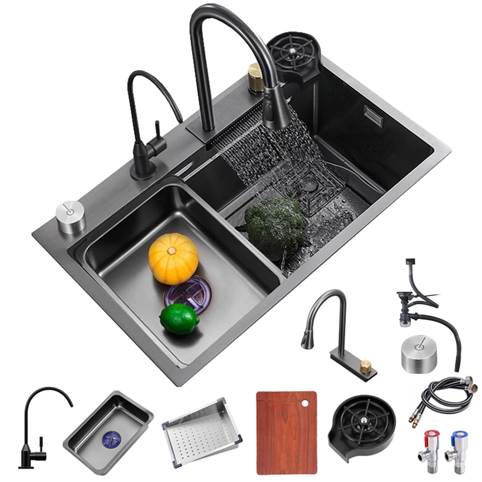 Kitchen Sink Waterfall Stainless Steel Drop In Kitchen Sink Single Bowl, with Pull-Out Flying rain Faucet, Pressurized Cup Washer (Size : 68x45cm)
