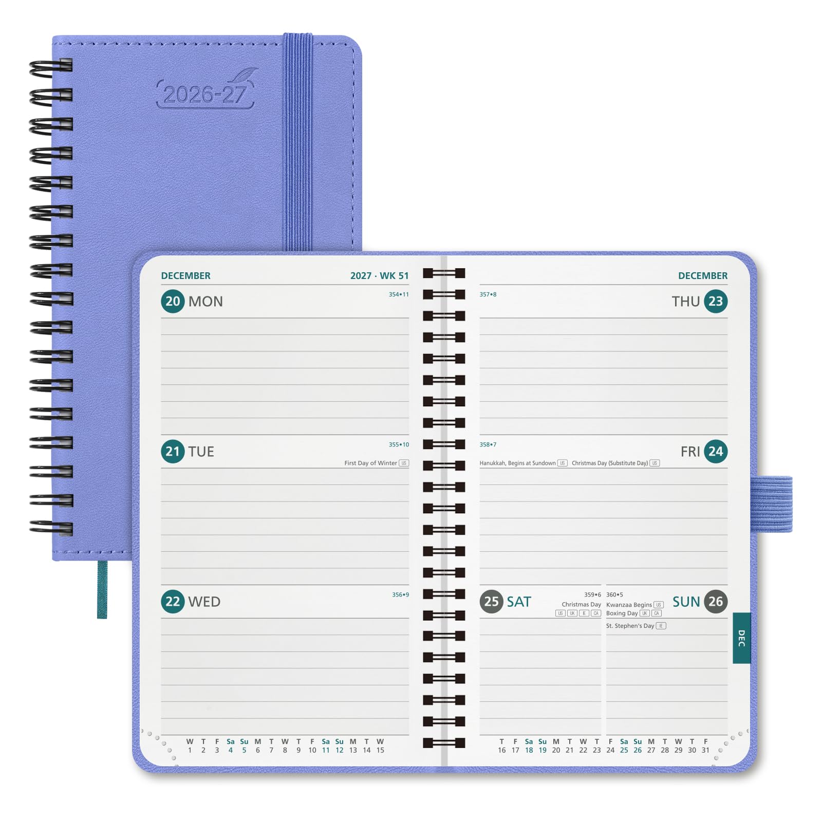 BEZEND Pocket Diary 2026-2027 Week to View (Jul 26 - Dec 27) Spiral, A6 15.5 x 9 cm. Small Academic Planner with Pen Holder & Inner Pocket, for Home School Office. PU Leather Softcover, Cornflower — image 1