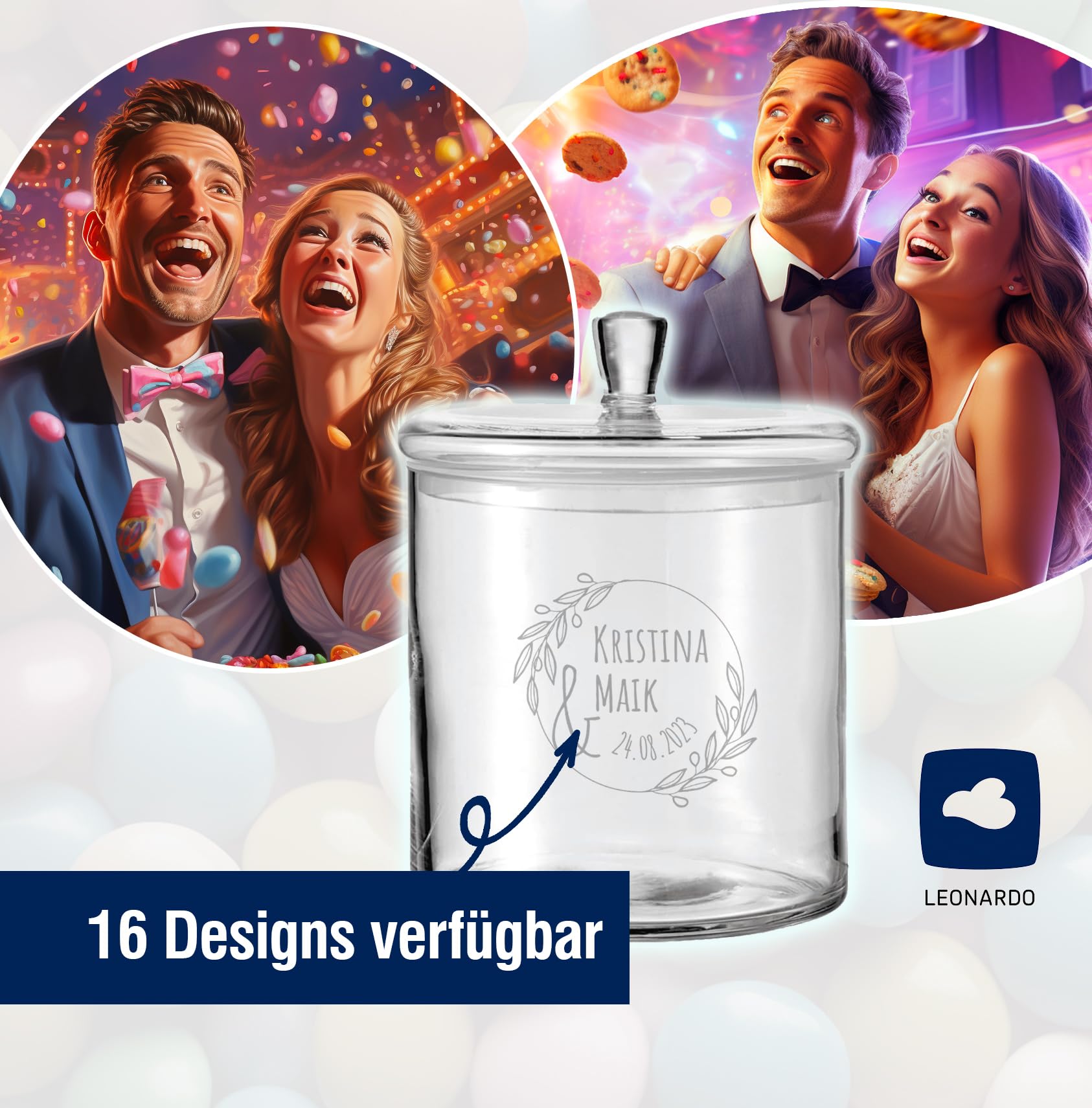 LALALO Leonardo Keksdose mit Gravur als Hochzeit Geschenk, Keksglas/Bonbonglas personalisiert als Hochzeitsgeschenk, Vorratsdose für Paare zum Hochzeitstag als Geldgeschenk (Ewigkeitszweig)