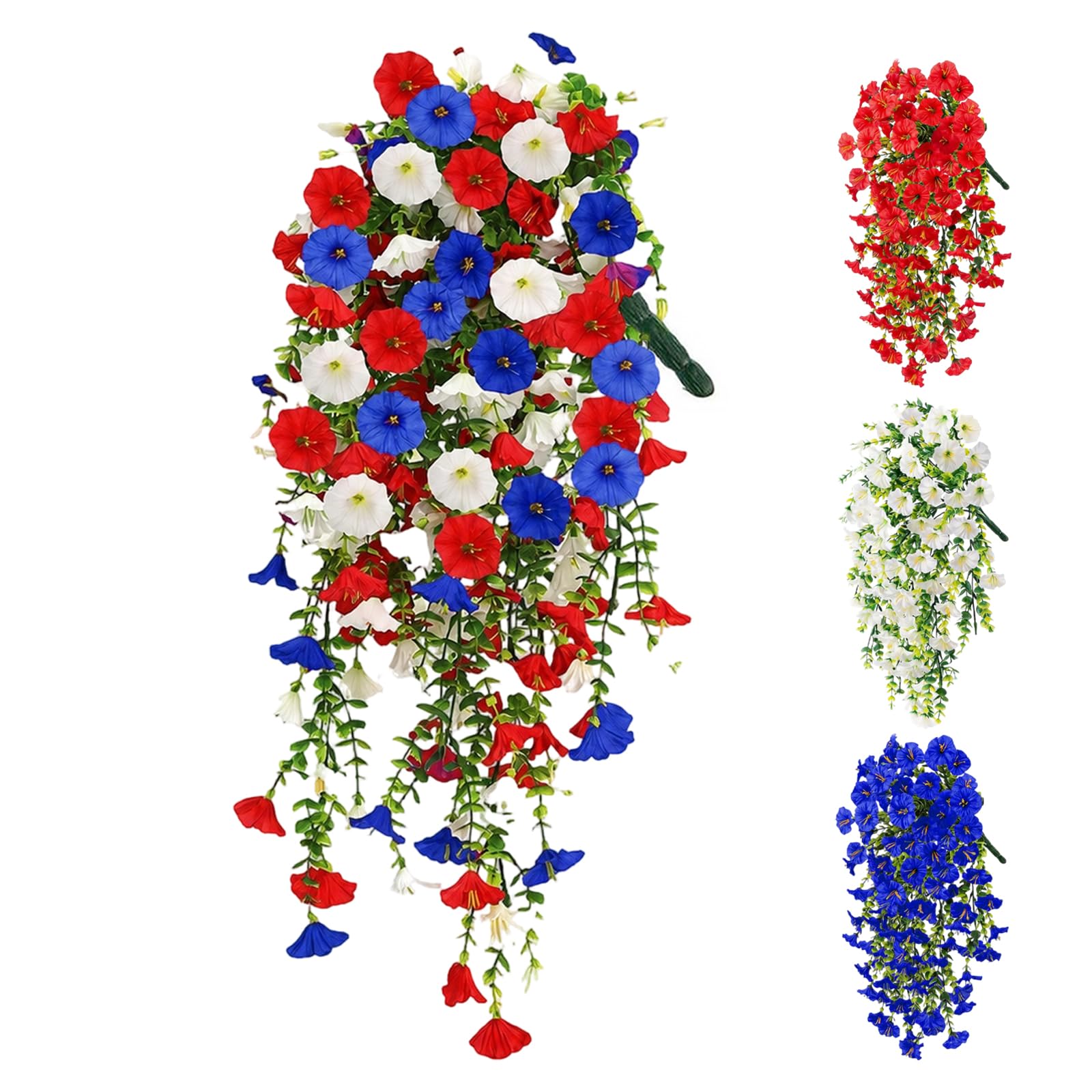 nnOuOnn 3Pcs Artificial Hanging Flowers Outdoor, Fake Trailing Plants Morning Glory Decoration UV-Resistant for Hanging Baskets - Spring Decor Garden, Drooping Design for Pots & Patio (BlueRedWhite)