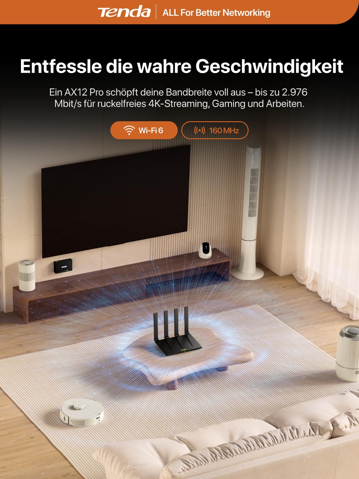 Tenda AX12 Pro WiFi 6 Router AX3000 Dualband (2402Mbps 5 GHz + 574Mbps 2,4 GHz), 7dBi 180° klappbaren Antennen, 4xGigabit Ports, WPA3, EasyMesh, VPN, MU-MIMO, OFDMA, NFC One-Touch Verbindung, ohne DSL