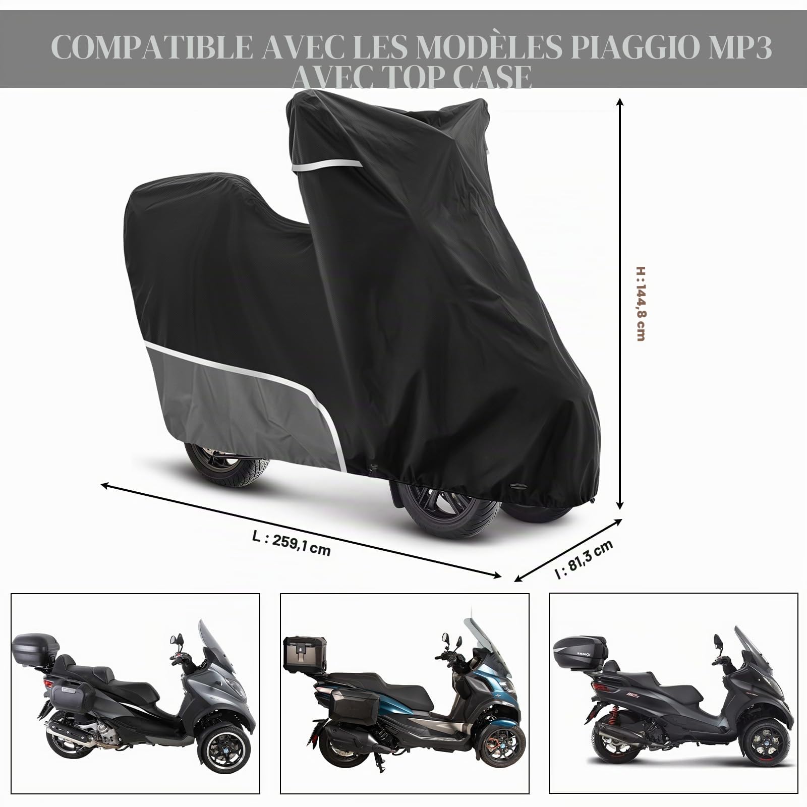 Bâche de protection pour moto, d'extérieur, avec coffre, imperméable et résistante à l'hiver, tissu Oxford 420D, convient pour Piaggio MP3 250/310/300/350/400/500/530 (gris)