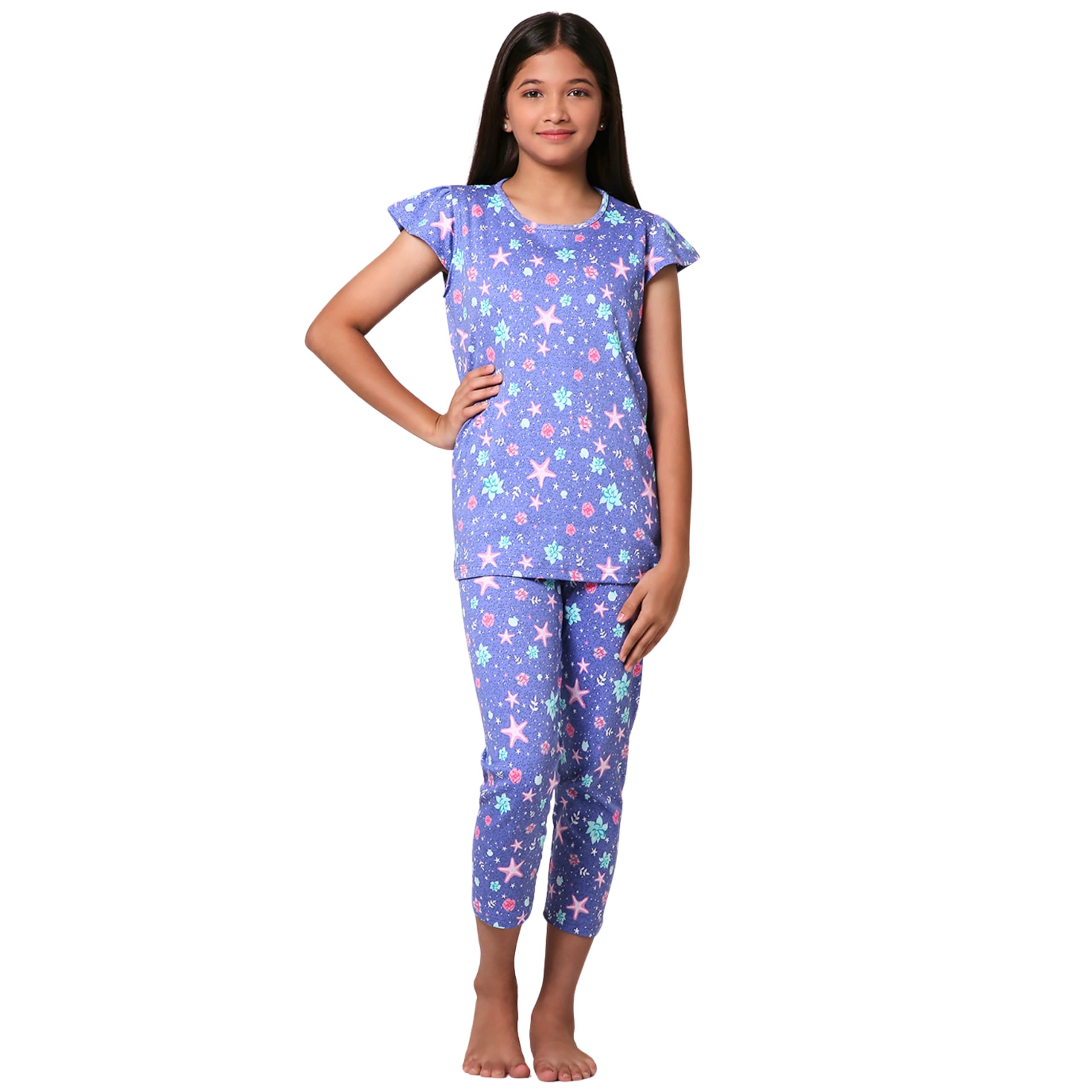 TotzTouch Girls Cotton Pyjama Set Printed T Shirt Capri Pant (3/4 th Pant) Night Dress (Pink Heart and Unicorn Design) Age 3 Years to 16 Years Pack of 1