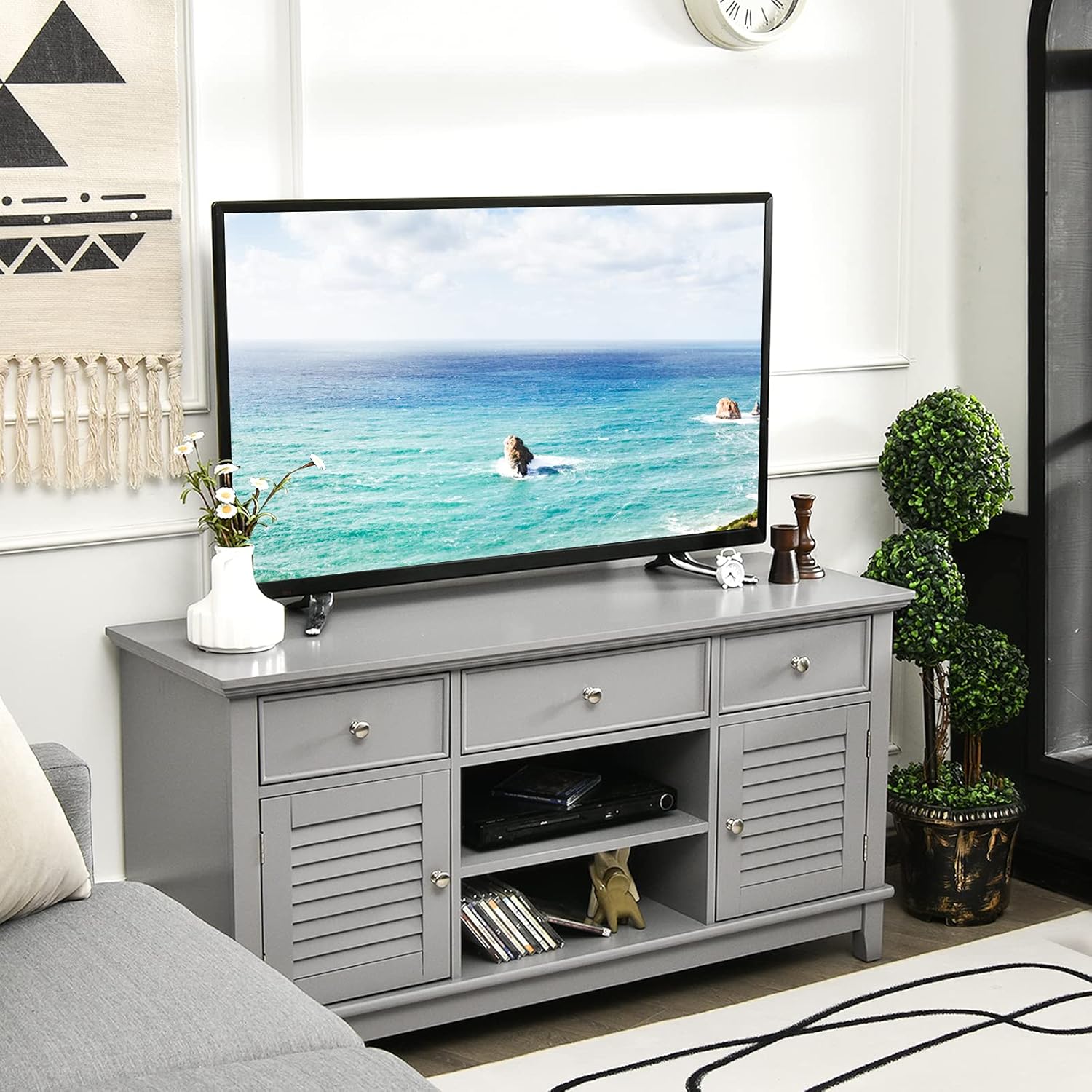 Tangkula Wood TV Stand with 3 Drawers & 2 Shutter Door Cabinets, TV Console Table for TVs up to 55 Inch, Entertainment Center with Cable Holes & 2-Tier Open Shelf, TV Cabinet for Living Room (Grey) : Home & Kitchen