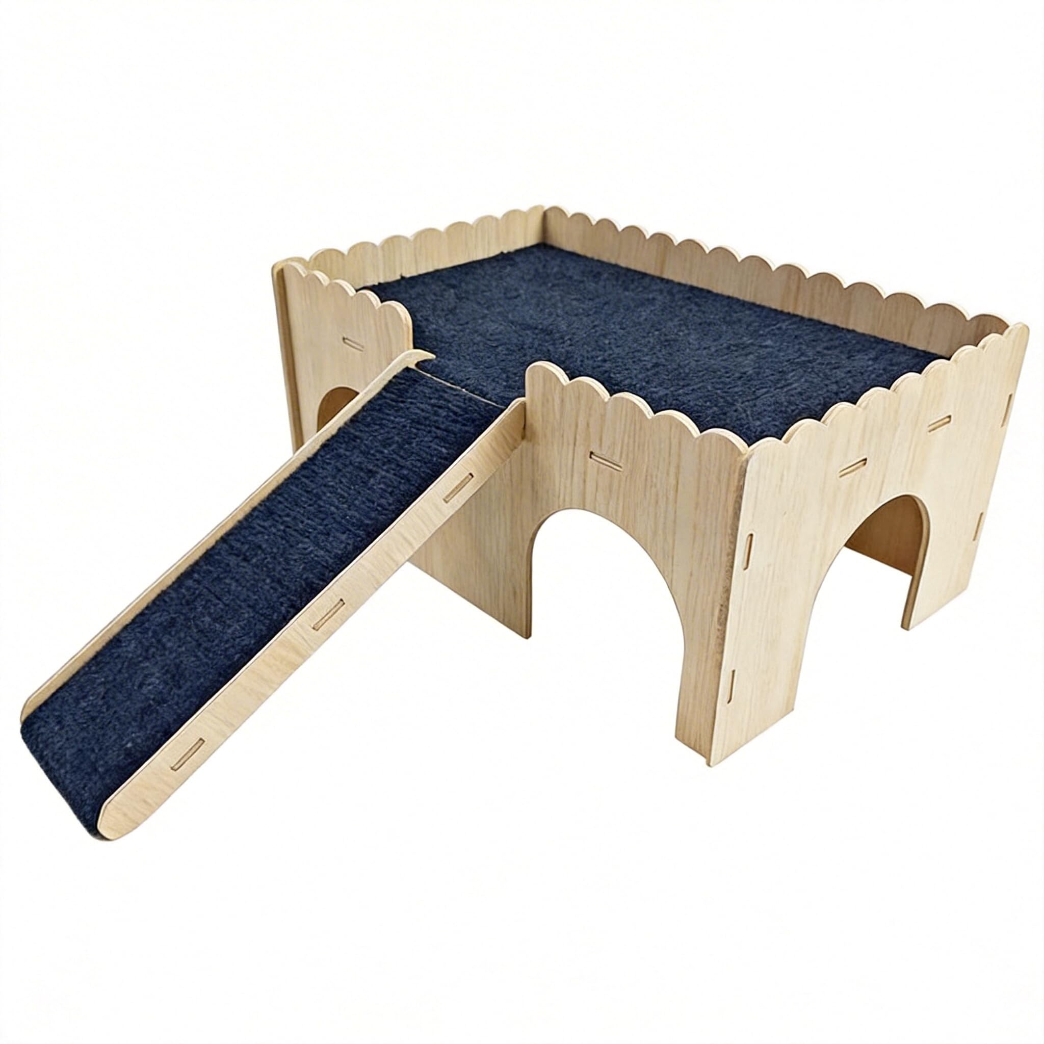 Casetta in legno per porcellini d'India con rampa e castello, 4 ingressi, nascondiglio per piccoli animali, scala rimovibile e morbido cuscino per criceti, ricci, ratti, 38 x 25 x 18 cm