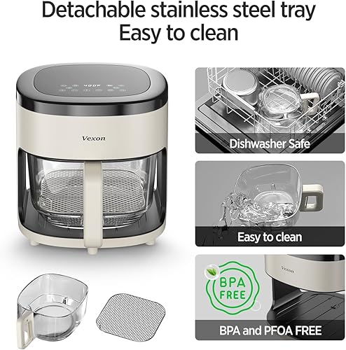 Miniatura 4 de VEXON Freidora de aire de vidrio 6 en 1, freidora de aire de 4.5 cuartos de galón con olla de vidrio, freír al aire, asar, recalentar, deshidratar,