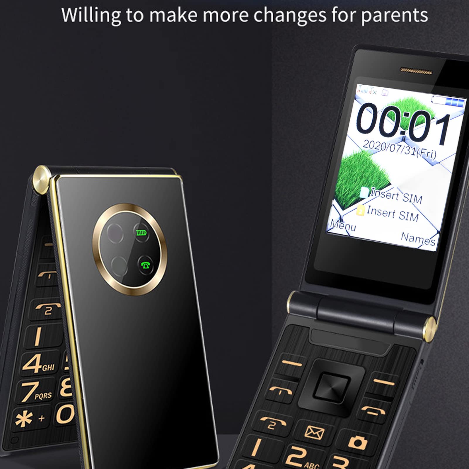 Starszy Telefon z Klapką, Odblokowany Telefon Komórkowy 3G SOS z Dużymi Przyciskami GSM Telefon z Klapką 2.8 Cala LCD i Wystające Przyciski Telefon Komórkowy Jednoprzyciskowe Wybieranie(Złoto)
