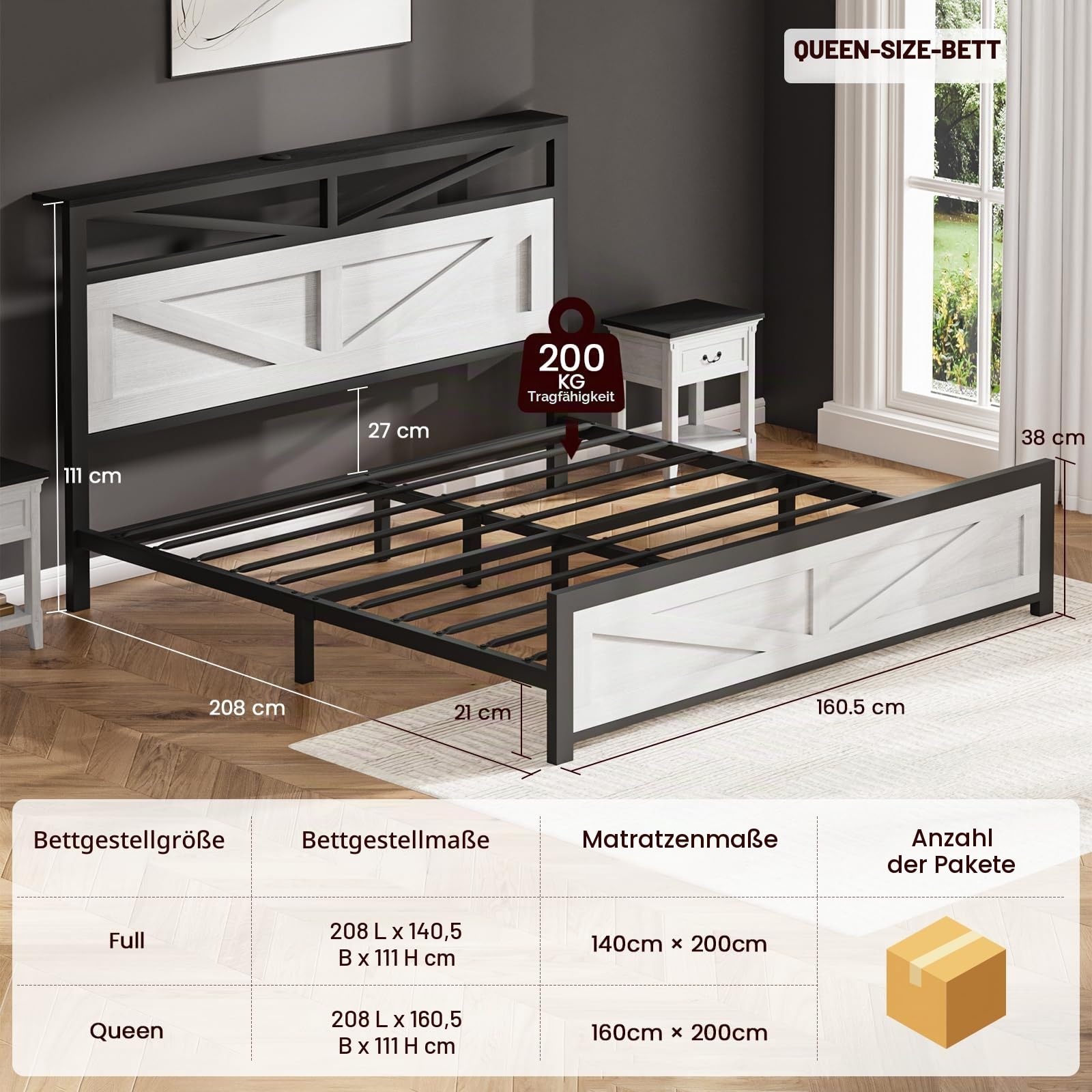 PROZENBDING Doppelbettgestell 140x200 mit LED und USB Zubehör, Bettgestell mit Metallrahmen & Holzkopfteil und Stauraum, Bettrahmen mit Lattenrost ohne Matratze, Weiß