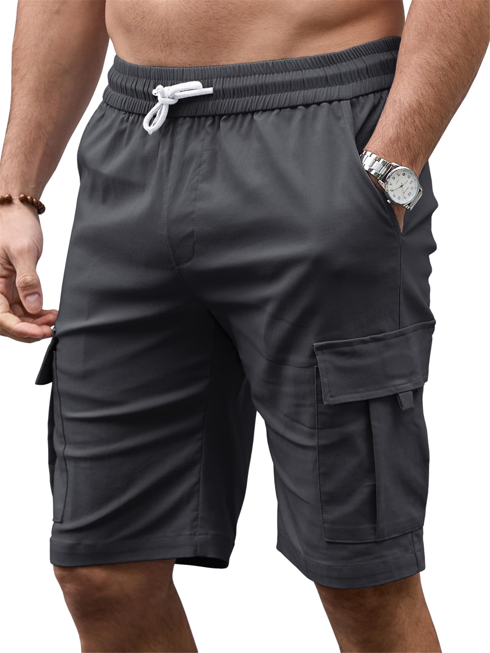 Tolaler Shorts Homme Ete Bermuda Casual Short Cargo Sport Taille Elastique Décontracté Travail avec Poches Running Randonnée