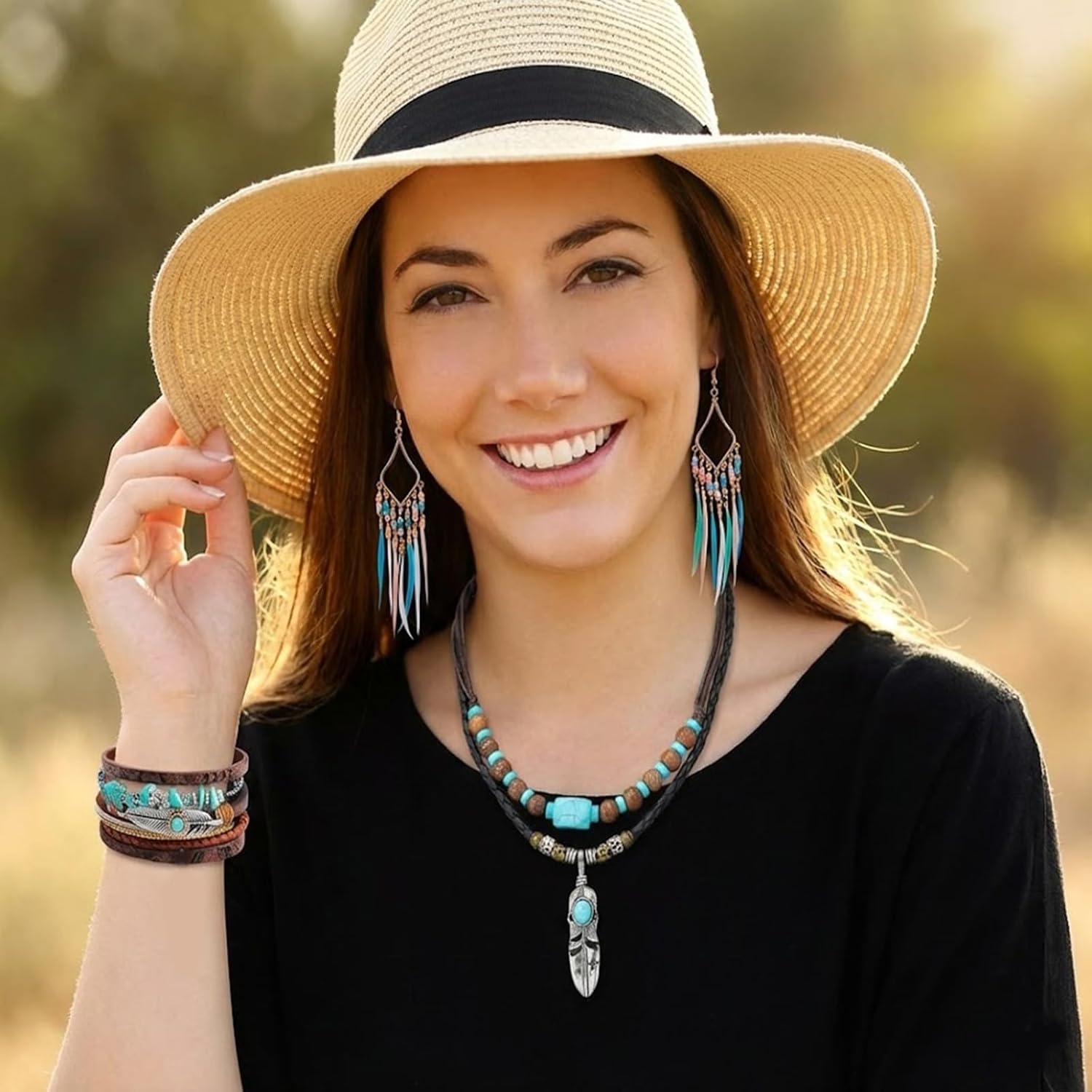 3 Pcs Western Jewelry Set, Turquoise Necklace Boho Feather Earrings Leather Bracelet Vintage Bohemian Jewelry for Women Cowgirl - Image 6