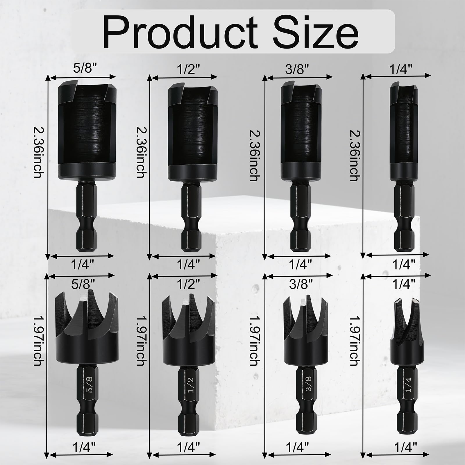 8 Pieces Black Wood Plug Cutter Drill Bit Set, Durable Plug Cutter, Straight and Tapered Plug Drill Bits 1/4", 5/8", 3/8", 1/2" with 1/4 Inch Hex Shank, Cutting Tool for Wood — Amazon image 2