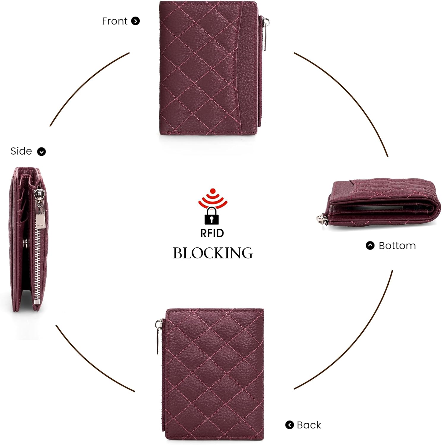 befen Real Leather Small RFID Blocking Wallet for Women with Credit Card Holder Zipper Coin Pocket Key Chain Wallets - Burgundy Red - Image 8