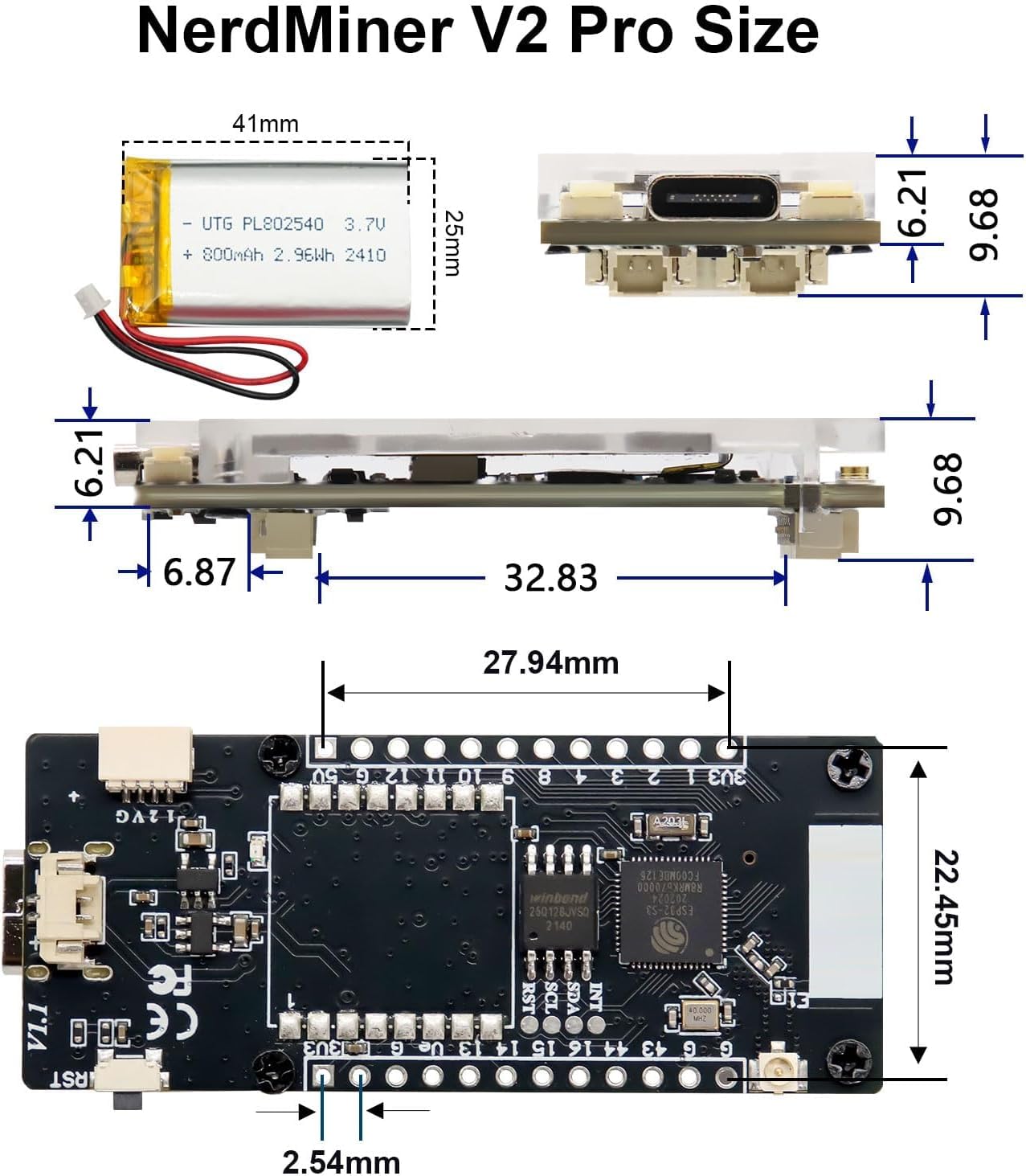 NerdMiner V2 Pro - Edition (Nero) - Minatore Bitcoin Solo Lottery Da 250KH/s, T-Display S3, WiFi, USB-C, Basso Consumo