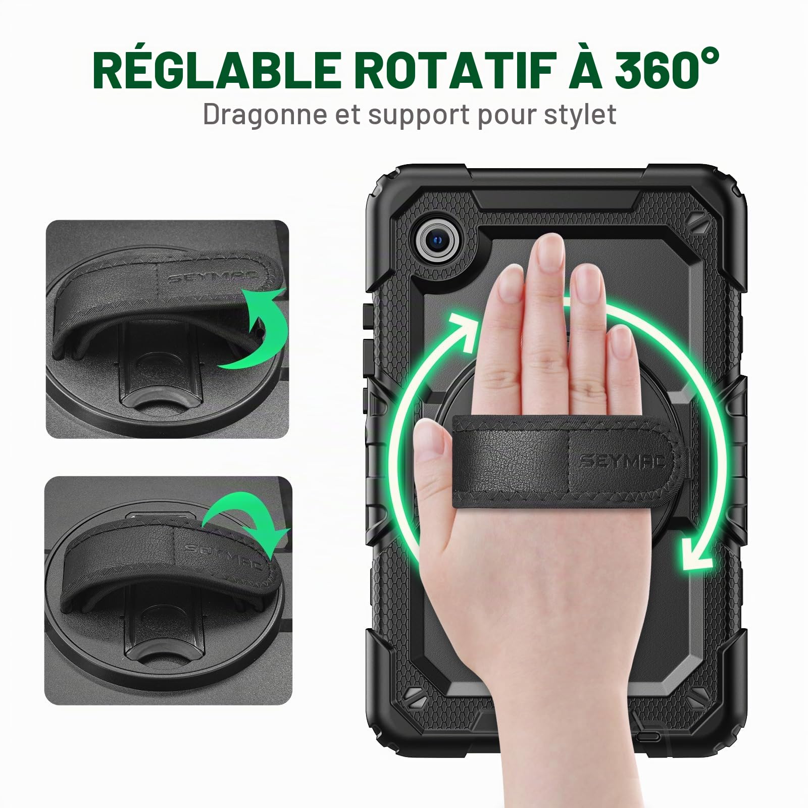 SEYMAC Coque pour Samsung Galaxy Tab A11/A9 8.7 Pouces 2025/2023,Coque Antichoc pour Galaxy A11 avec Protecteur D'écran,Support Rotatif à 360°/Dragonne,Bandoulière,avec Porte-Stylo,Noir
