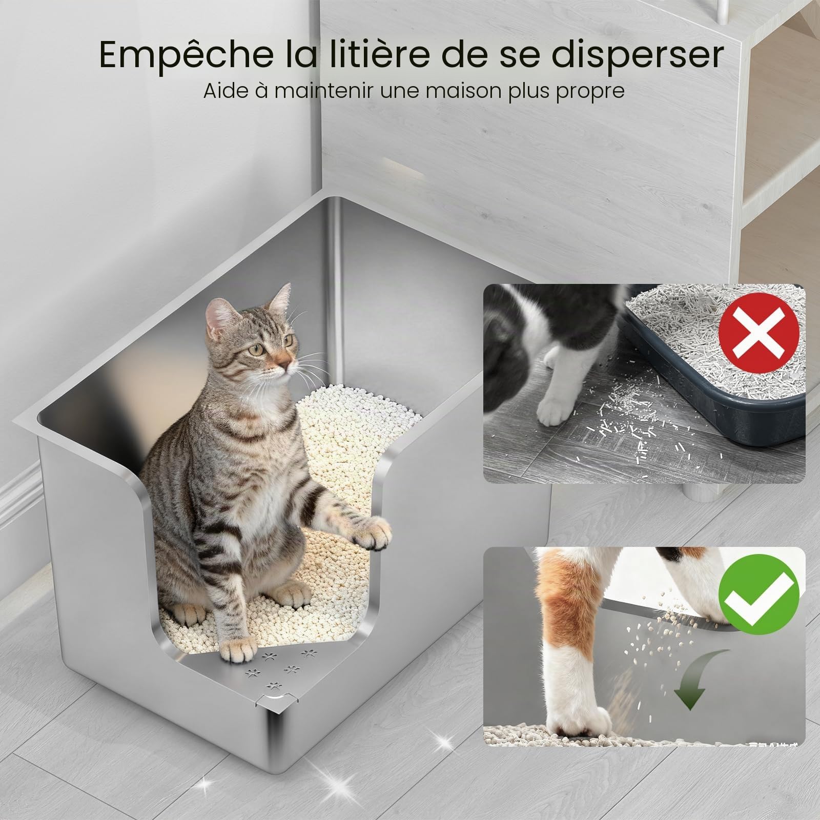 PTLOM Bac Litiere pour Chat en INOX,Bac a Litiere pour Chat 30cm,Coin D’entrée Bac à Litière Chat, sur roulettes, Facile à déplacer, Antiadhésif, sans Odeur, pour Chats Grands ou Multiples