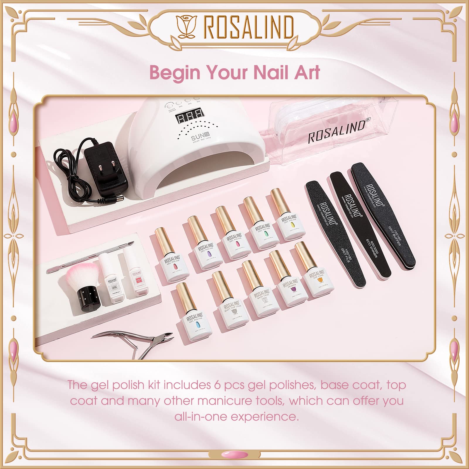 ROSALIND Uñas Semipermanentes Kit Completo Lámpara 48W, 6 Colores 10ML Pastel Pintauñas Permanentes con Base et Top Coat Mate Kit Manicura Semipermanente