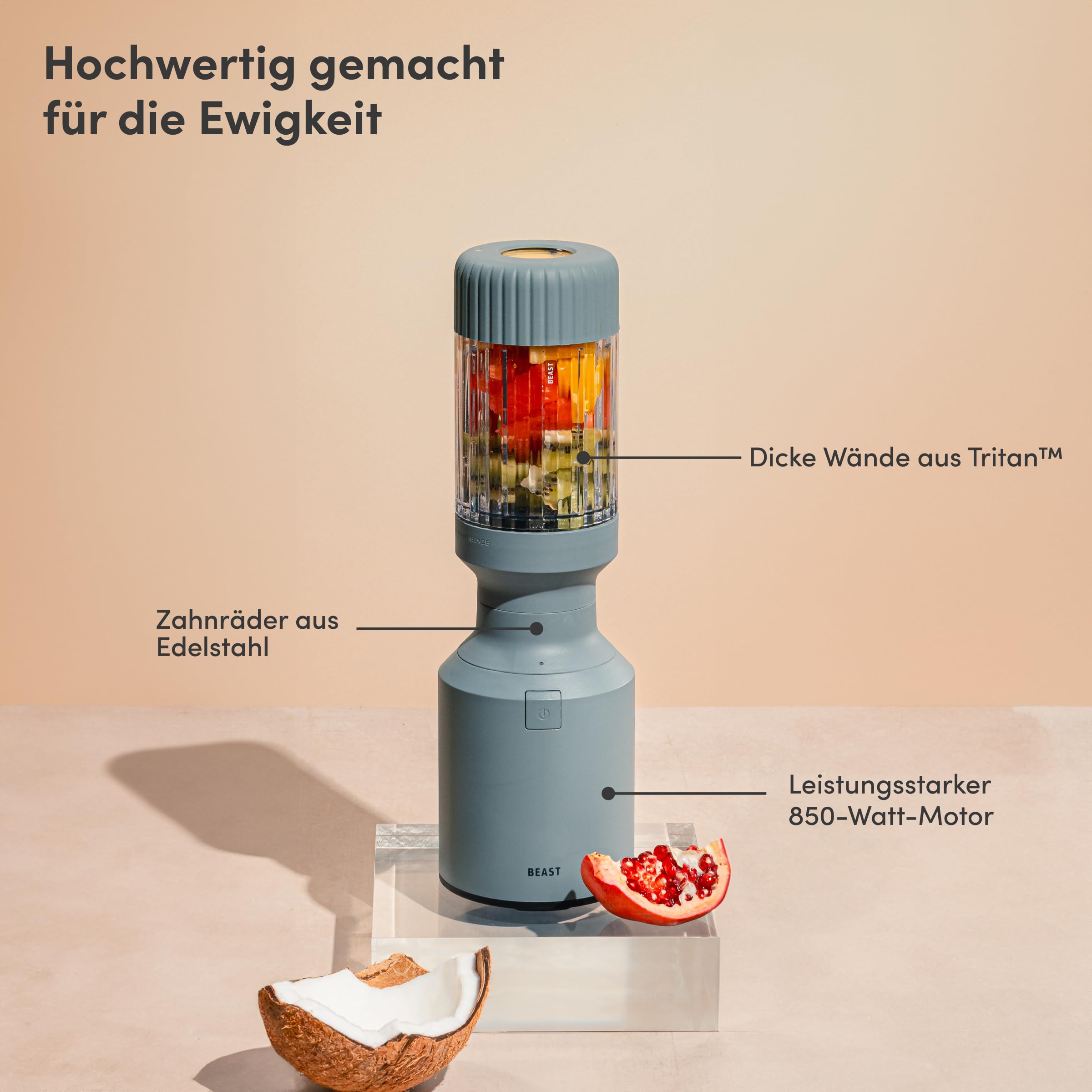 BEAST Smoothie Maker 850W - Kompakter Standmixer Hochleistungsmixer mit 3 Tritan Mixbechers - 785ml - To-go Trink - und Aufbewahrungsdeckel - Mixer für Smoothies, Eis und Shakes - Mist