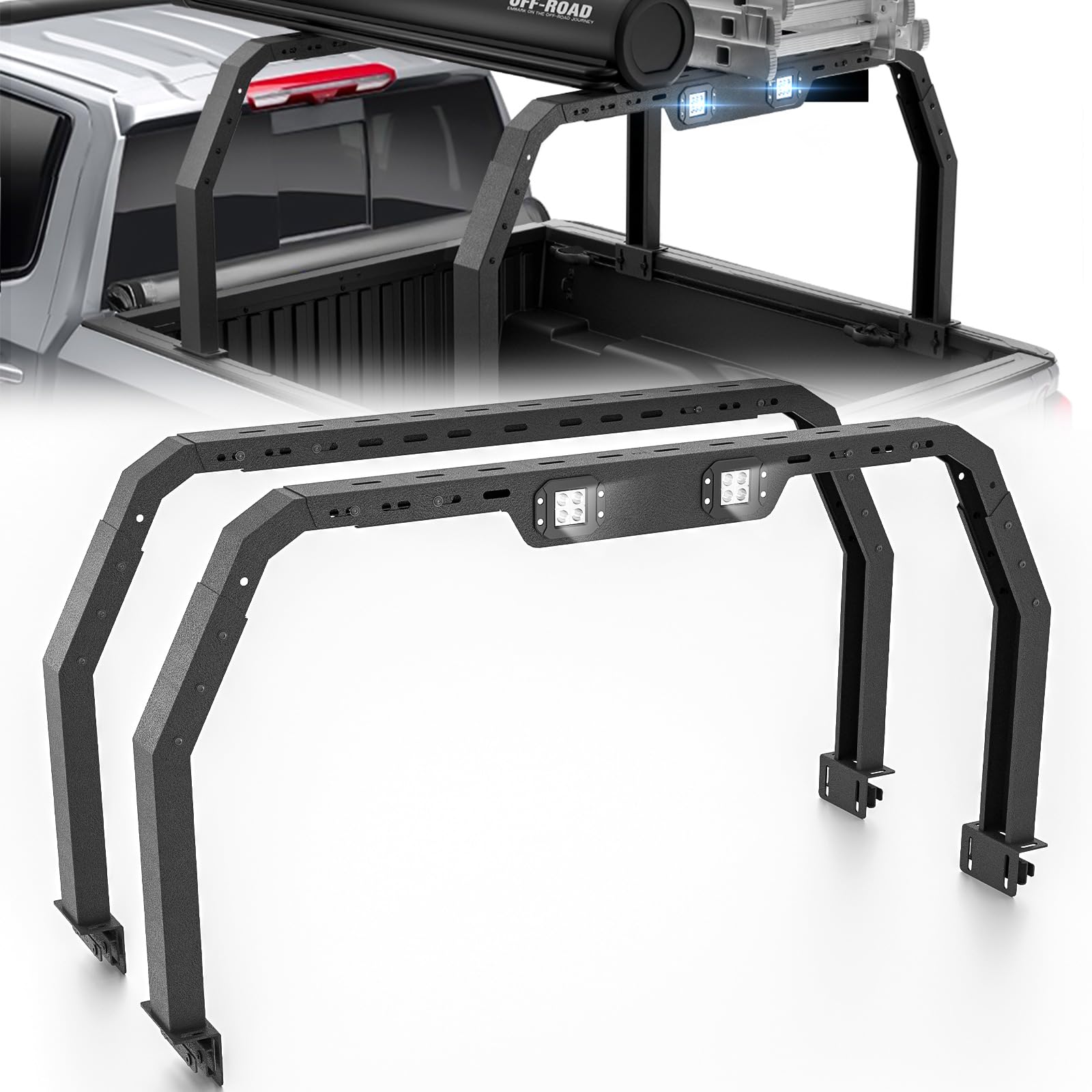 Bed Racks Truck Cargo Carrier Compatible with Tacoma/Gladiator JT/Ford Ranger/Chevy Colorado/GMC Canyon/Frontier with 2 pcs Led Lights, Overland Truck Rear Ladder Rack Back Cross Bars