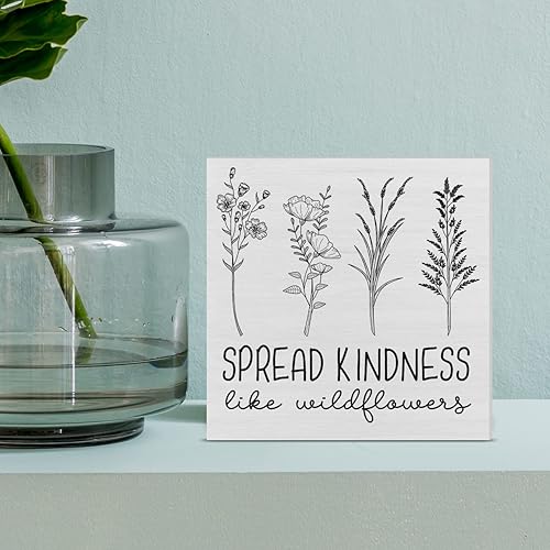 Miniatura 6 de Cartel de madera Spread Kindness Like Wildflowers, caja de madera con flores de granja, letrero de bloques de escritorio, letreros rústicos para