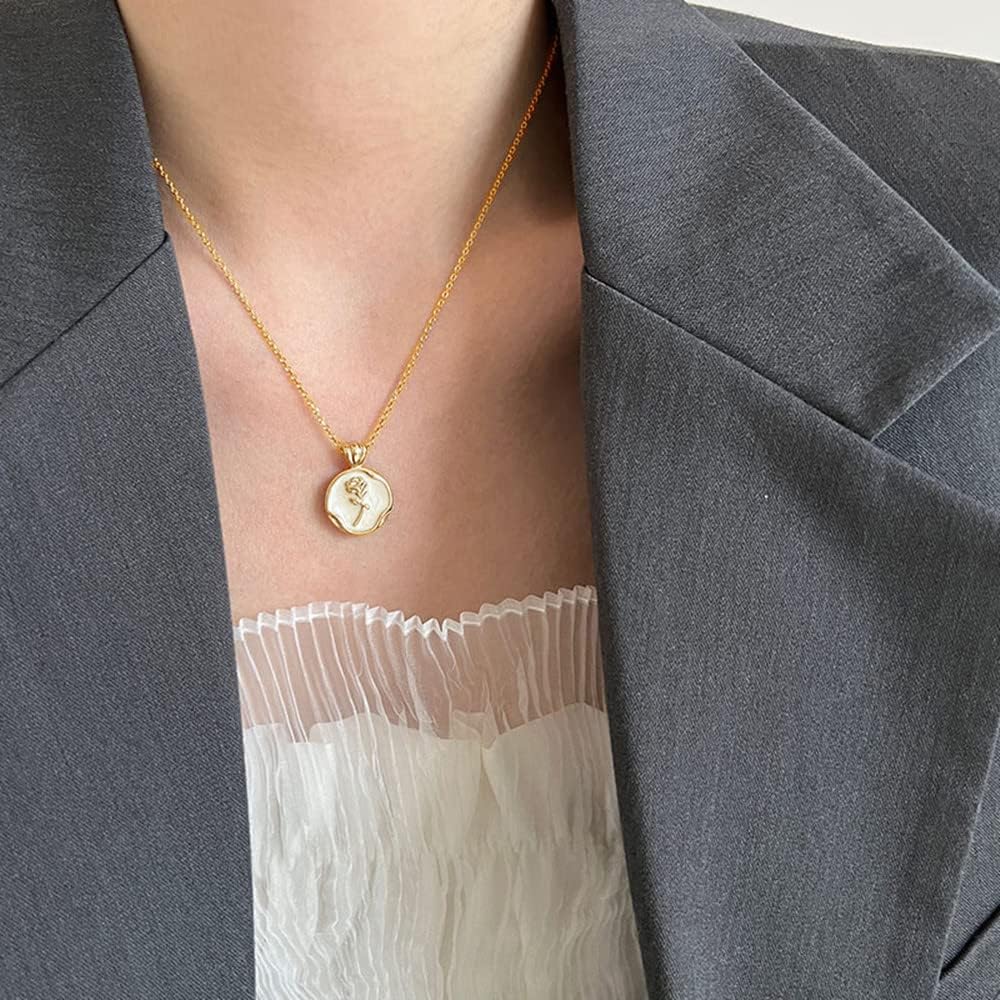 Round Rose Flower Pendant Necklace for Women 925 Sterling Silver Shell Pearl Embossed Link Chain Adjustable Birthday Wedding Anniversary Jewelry for Mother Daughter 18 Inch - Image 2