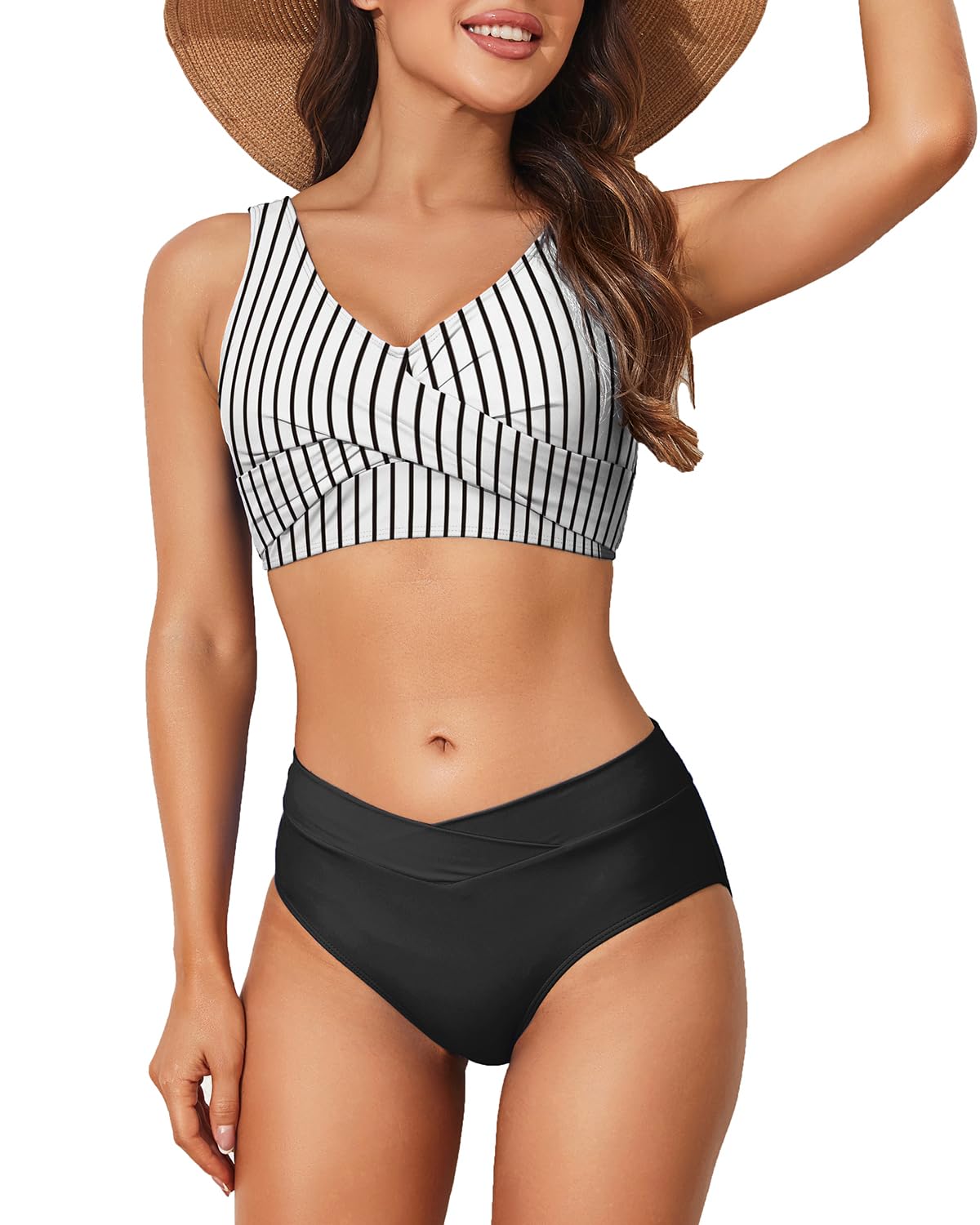 Limeeke Bikini da donna a vita alta, con allacciatura sul davanti, due pezzi, con lacci sul retro