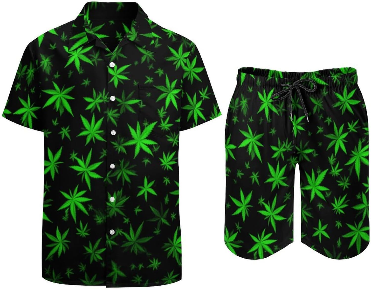 TQD Mens 2 Piece Short Sleeve Button Down Shirt Beach Shorts Set Outfit Marijuana Green Weed Casual Hawaiian Sets