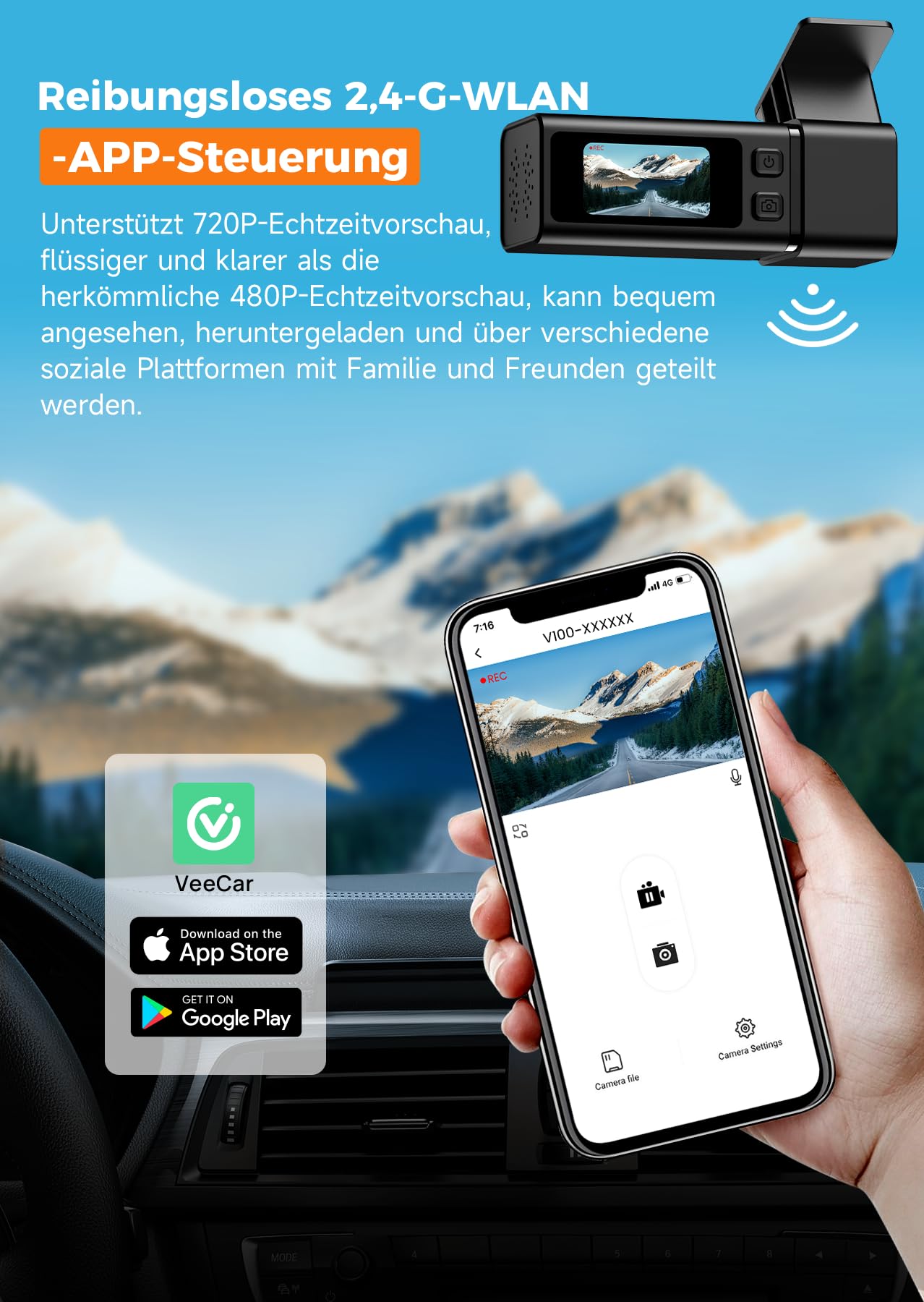 E-YEEGER 2,5K Dashcam Auto, Mini WiFi Dash Cam mit App, 1440P Front, 32GB, Nachtsicht, WDR, G-Sensor, Loop-Aufnahme, 24H Parkmodus, 1,47" IPS