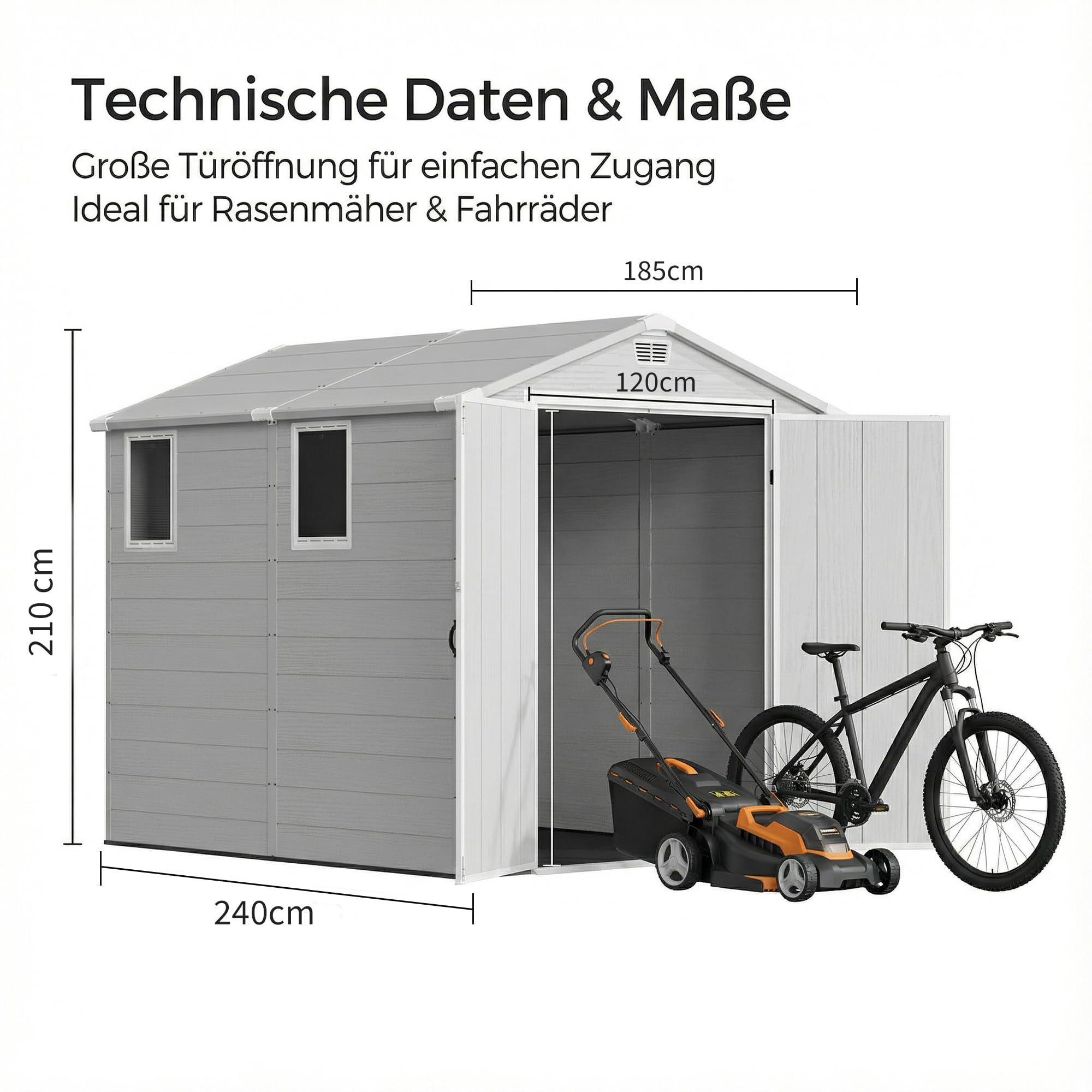 JUMMICO 6x8 XXL Gartenhaus, 9,4m³ Kunststoff-Geräteschuppen mit Boden, 185x240x210 cm, Wetterfest & Frostsicher, Ideal für Fahrräder, Rasenmäher, Gartengeräte, Hellgrau