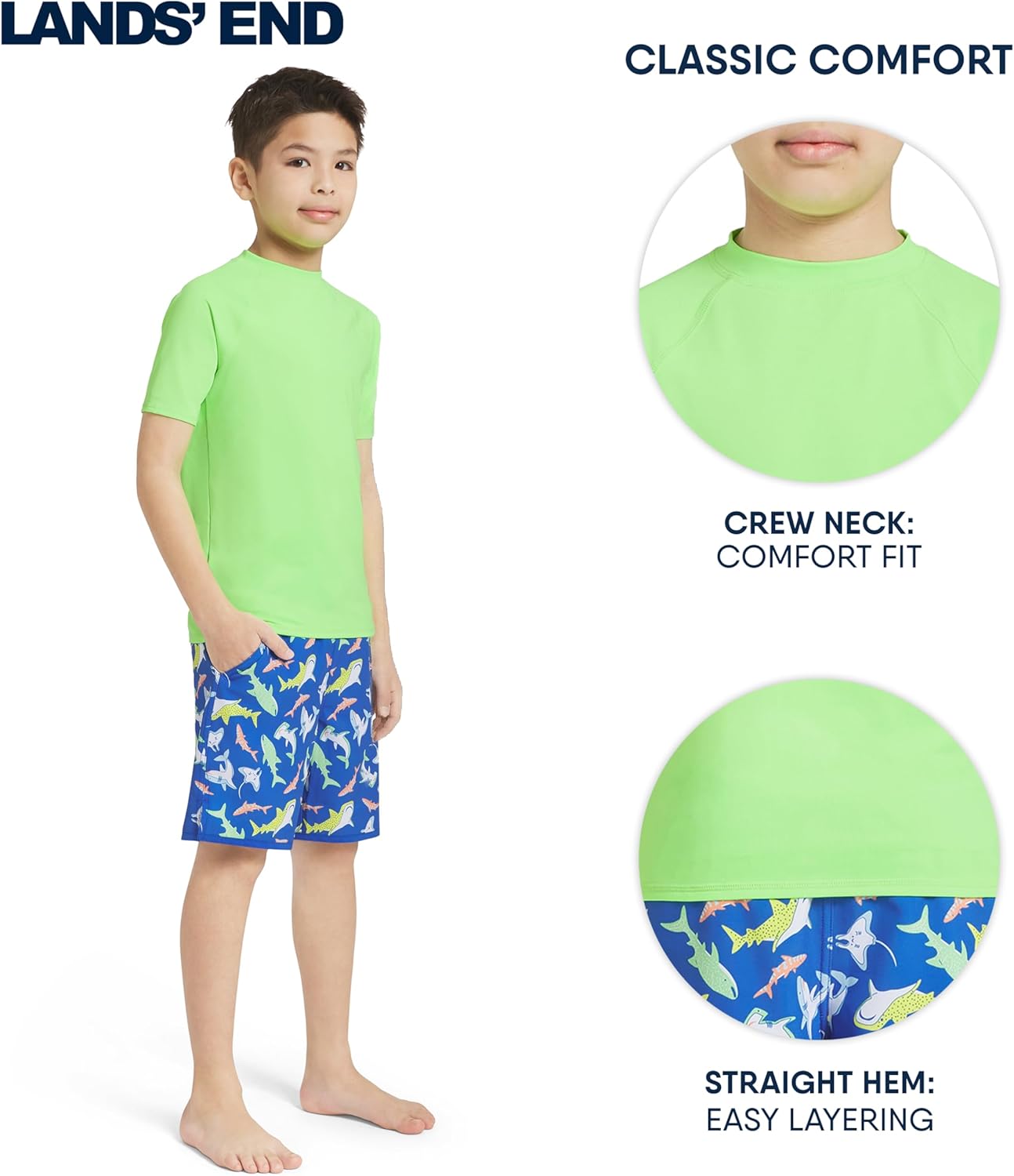 Lands' End Boys' Swim UPF 50 Plus Short Sleeve Sun Tee Rash Guard Shirt