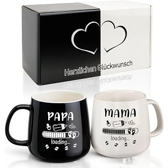 TUZELIYA Mama & Dad Coffee Mug Set - Gift to Be Parents 350 ml Black and White Cups for Pregnancy Baby Shower Valentines Day & Anniversary