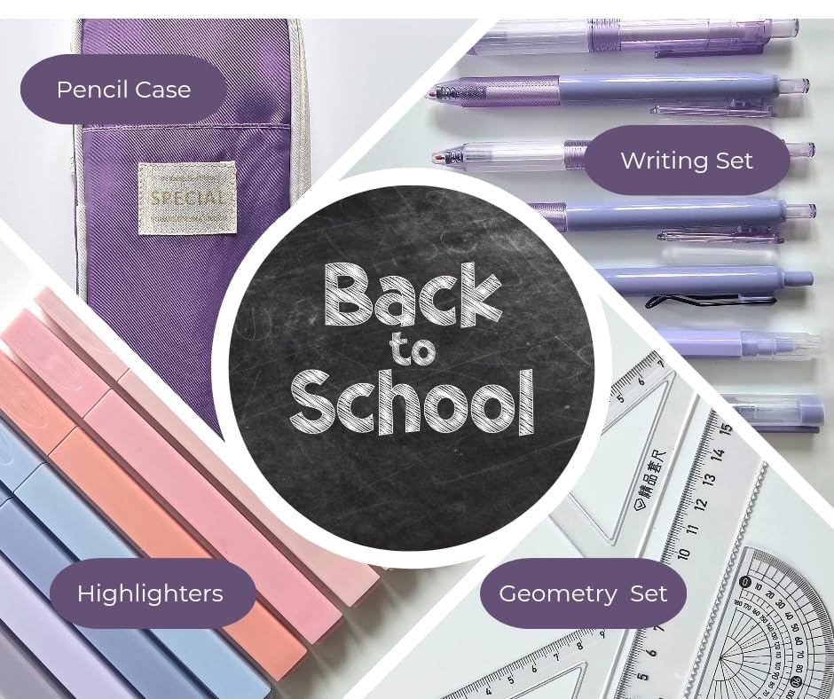 Complete Back to School Aesthetic Stationery Set, Large Pencil Case With School Supplies and College Essentials. Pens. Pencils, Eraser, Sharpener Geometry Set, Highlighters (Pastel Purple/Cream) - Image 4