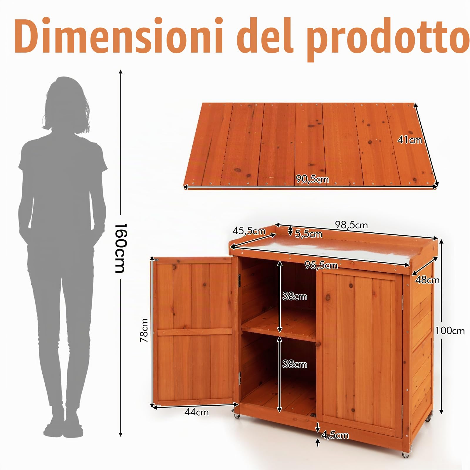 HOMASIS Armadio da Esterno in Legno con Ruote, Armadietto da Esterno Impermeabile con Banco da Lavolo Superiore in Acciaio Zincato e Ripiano Rimovibile Interno, 98,5 x 48 x 100 cm, Arancione