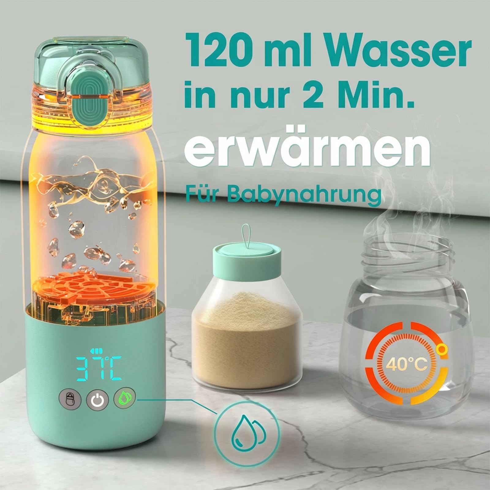 Tragbarer Flaschenwärmer unterwegs für Baby, Schnelles Aufheizen und Lange Akkulaufzeit 12000mAh, Zwei Heizmodi für Muttermilch und Wasser, 355ml Kapazität, Zusätzlicher Strohhalmdeckel den Ganzen Tag